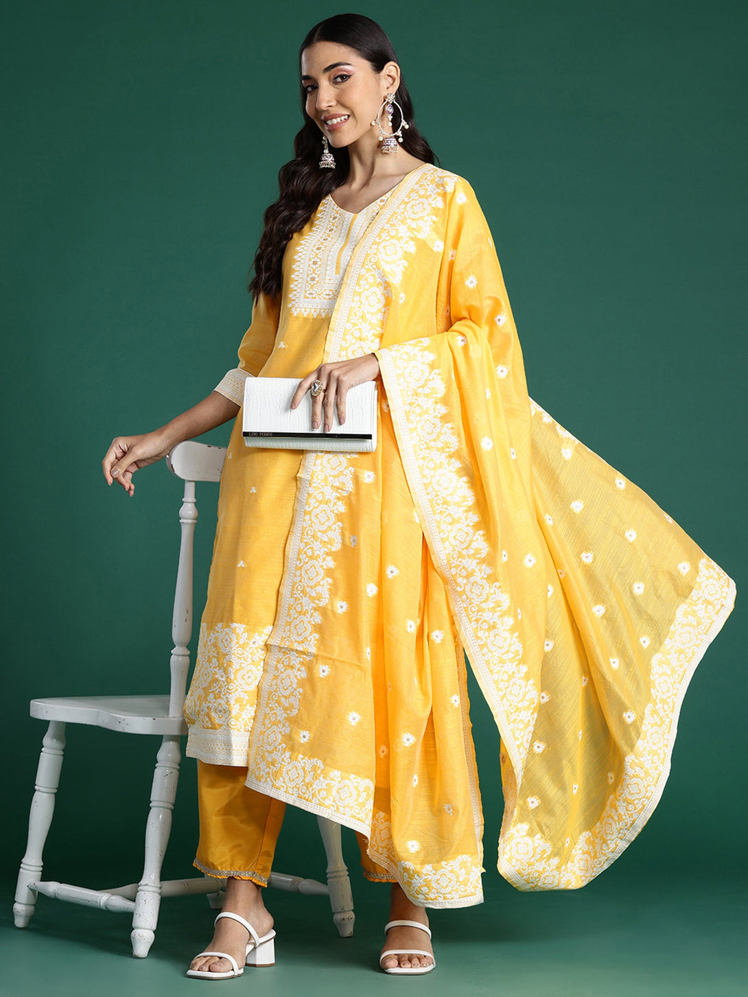 Women's Yellow Chanderi Silk Woven Design Kurta Trousers With Dupatta Set - Indo Era