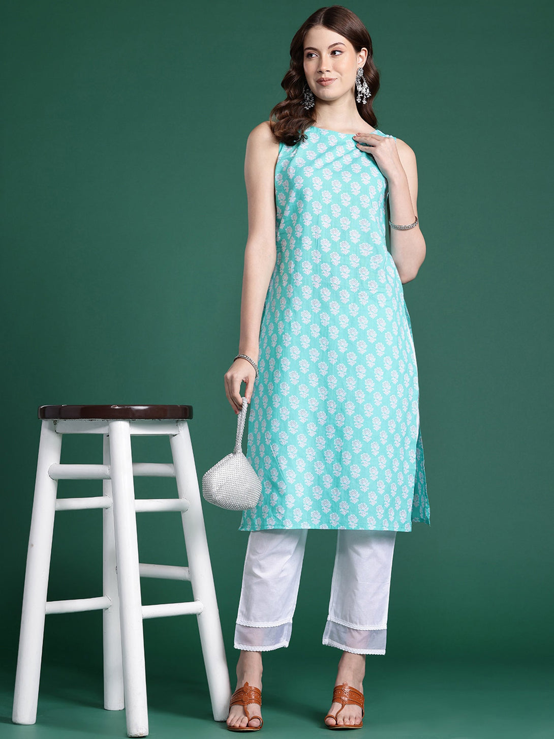 Women's Blue Cotton Printed Straight Kurta - Indo Era