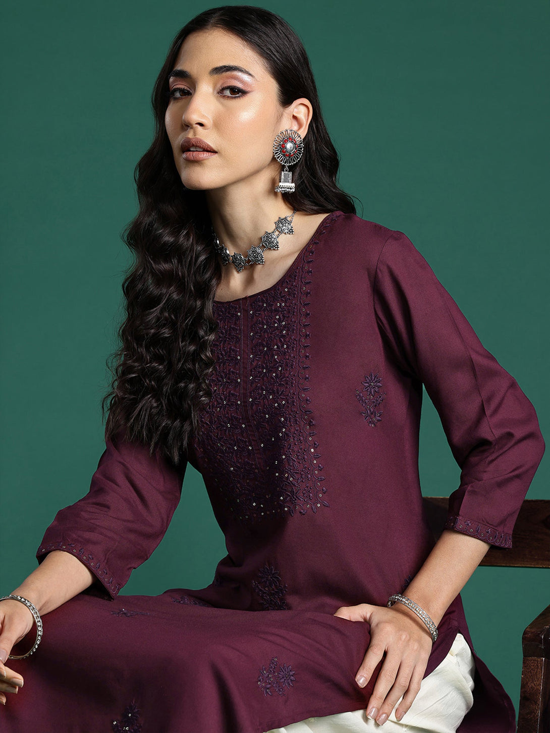 Women's Burgundy Viscose Rayon Embroidered Straight Kurta - Indo Era