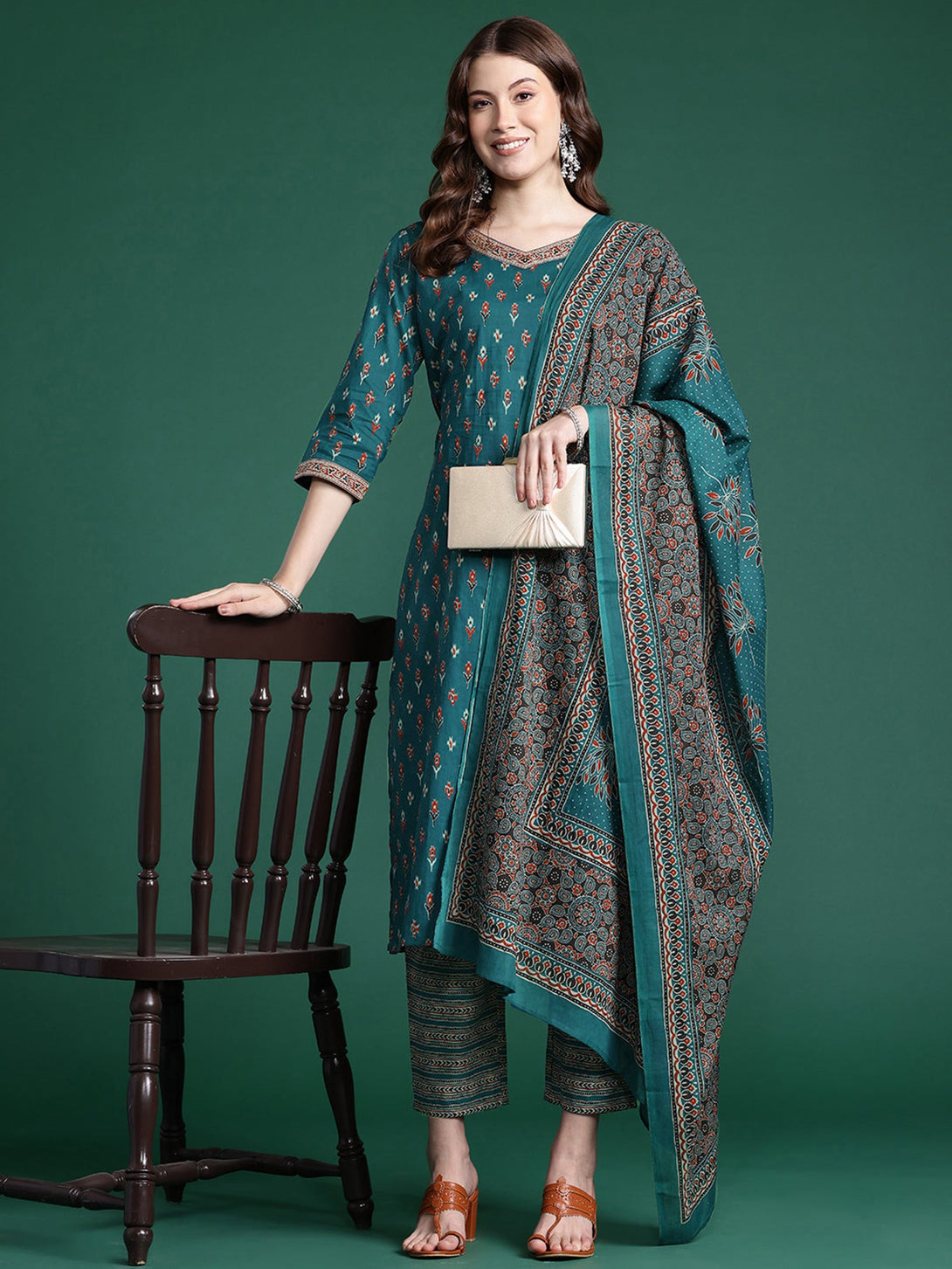 Women's Teal Pure Cotton Printed Kurta Trousers With Dupatta Set - Indo Era