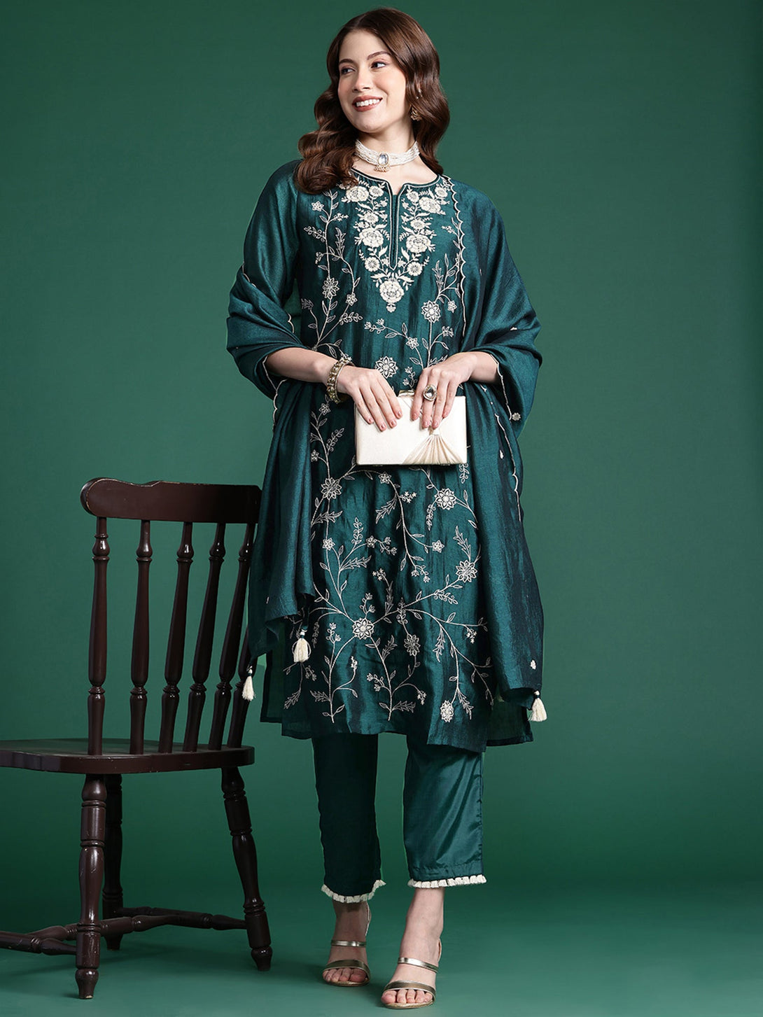 Women's Teal Silk Blend Embroidered Kurta Trousers With Dupatta Set - Indo Era