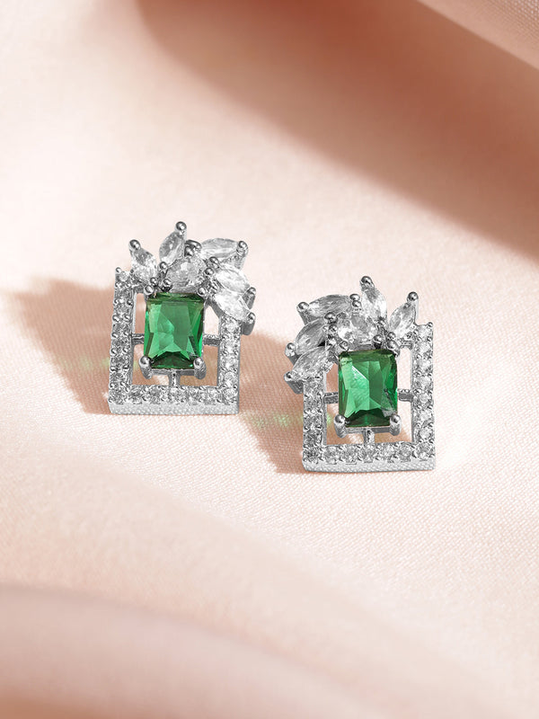 Rubans Rhodium Plated Luxury Premium Green Emerald and AAA Cubic Zirconia Stud Earrings