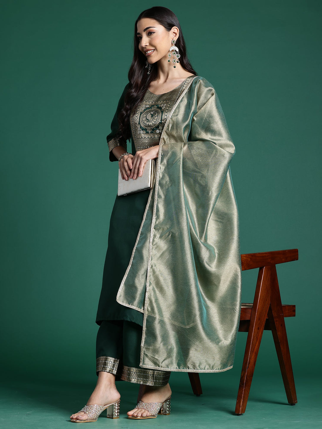 Women's Green Pure Cotton Yoke Design Kurta Palazzos With Dupatta Set - Indo Era