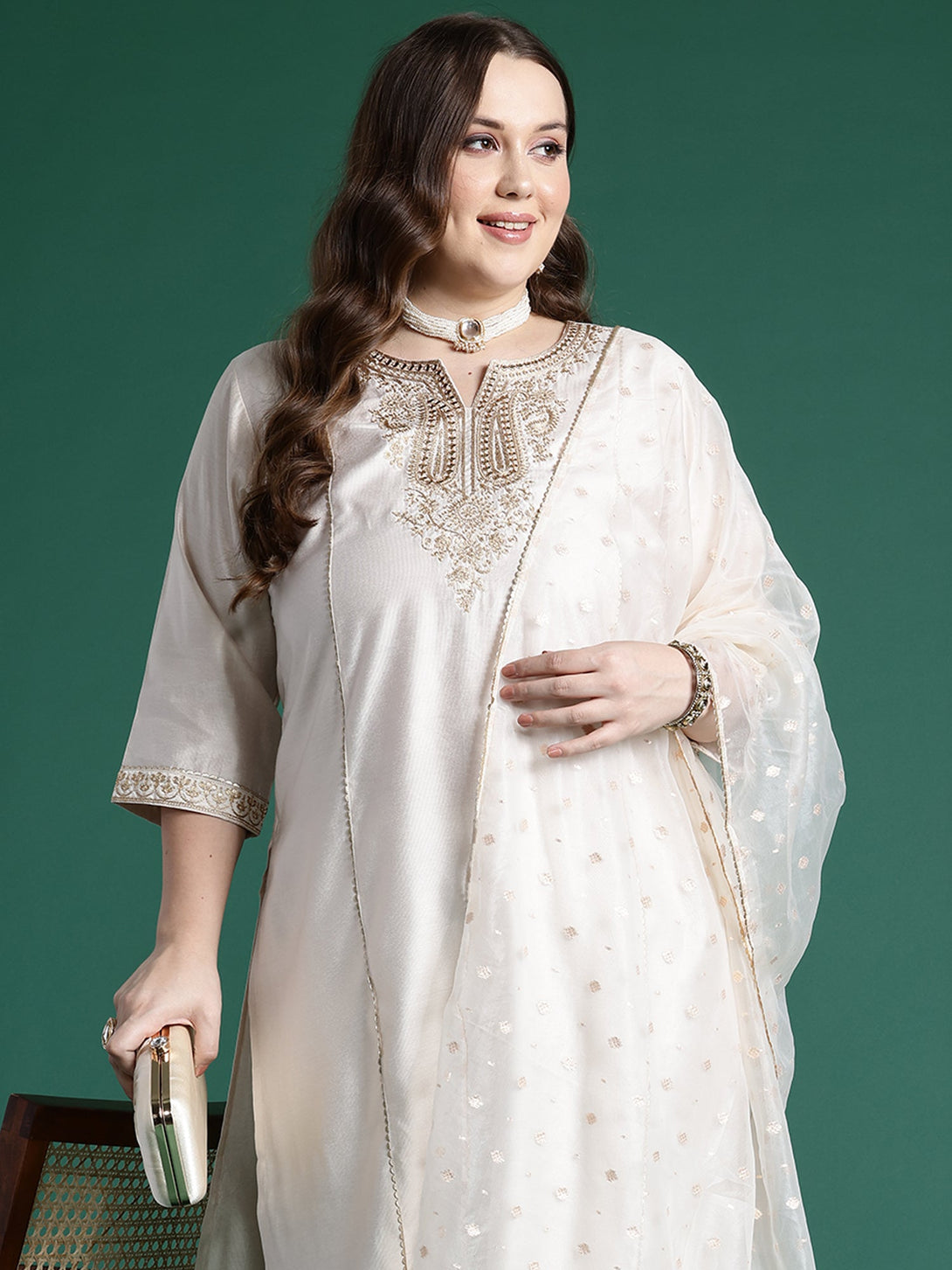 Women's Off White Liva Embroidered Kurta Trousers With Dupatta Set - Indo Era