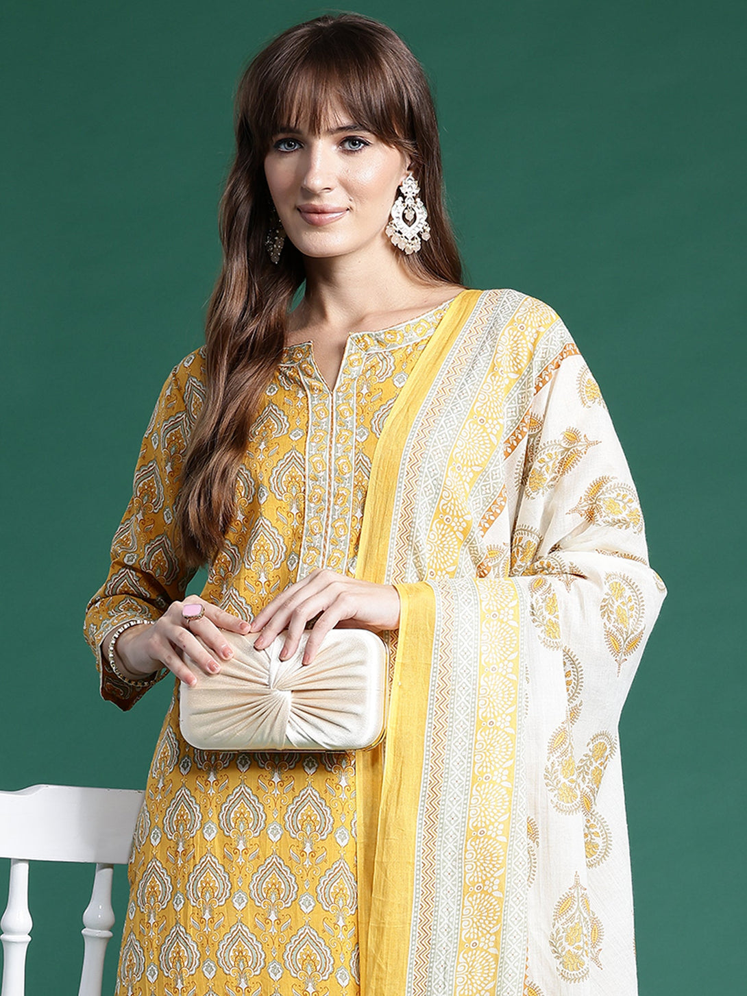 Women's Yellow Pure Cotton Printed Kurta Salwar With Dupatta Set - Indo Era