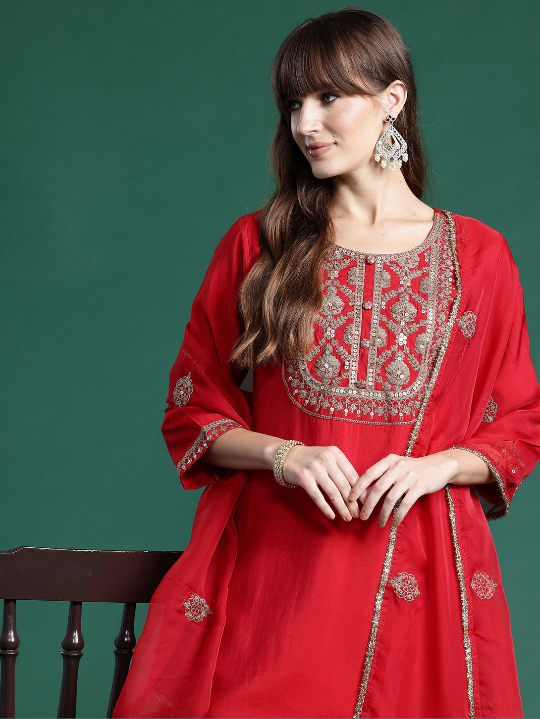 Women's Red Liva Embroidered Kurta Trousers With Dupatta Set - Indo Era