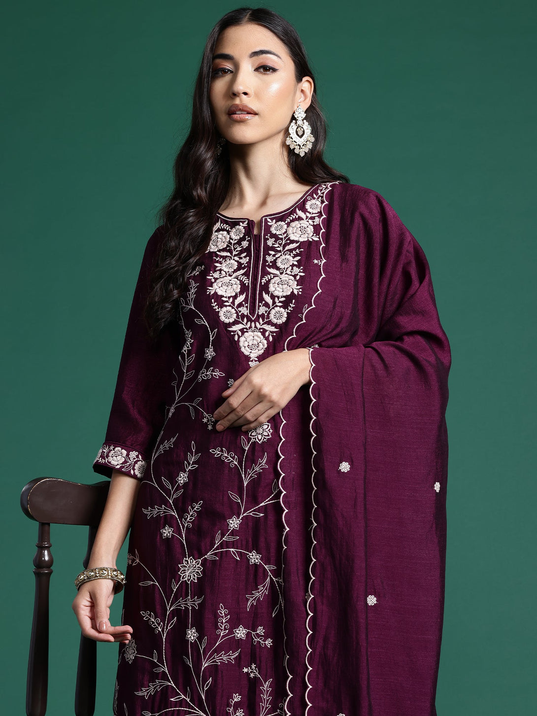 Women's Burgundy Silk Blend Embroidered Kurta Trousers With Dupatta Set - Indo Era