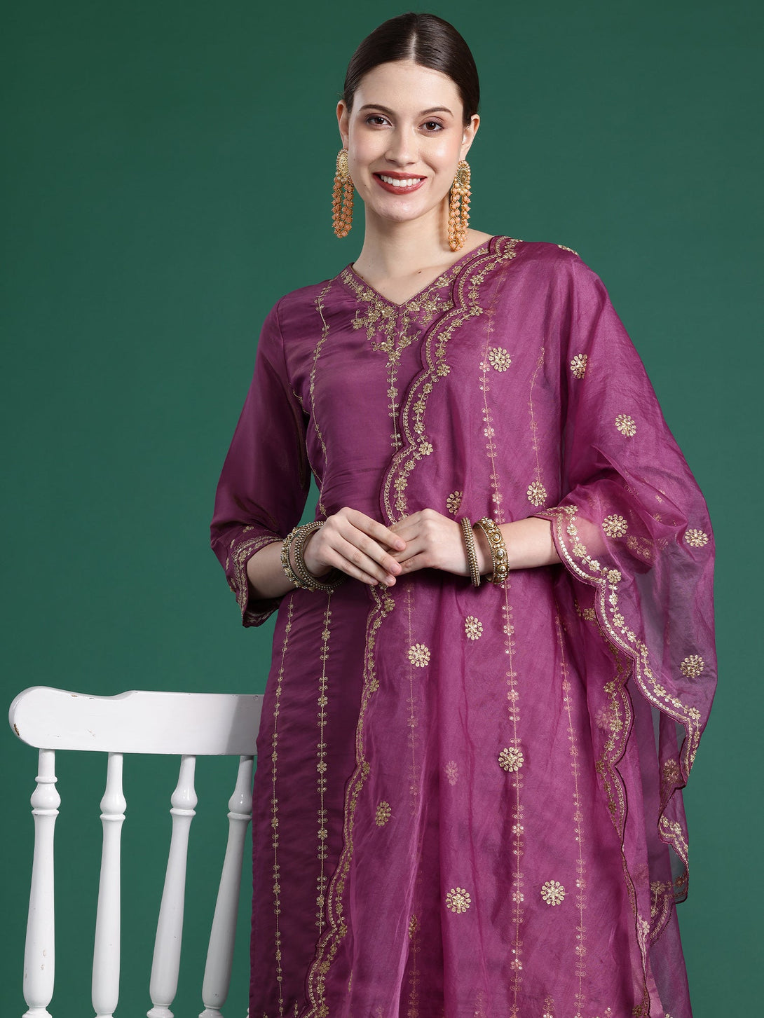 Women's Burgundy Silk Blend Embroidered Kurta Trousers With Dupatta Set - Indo Era