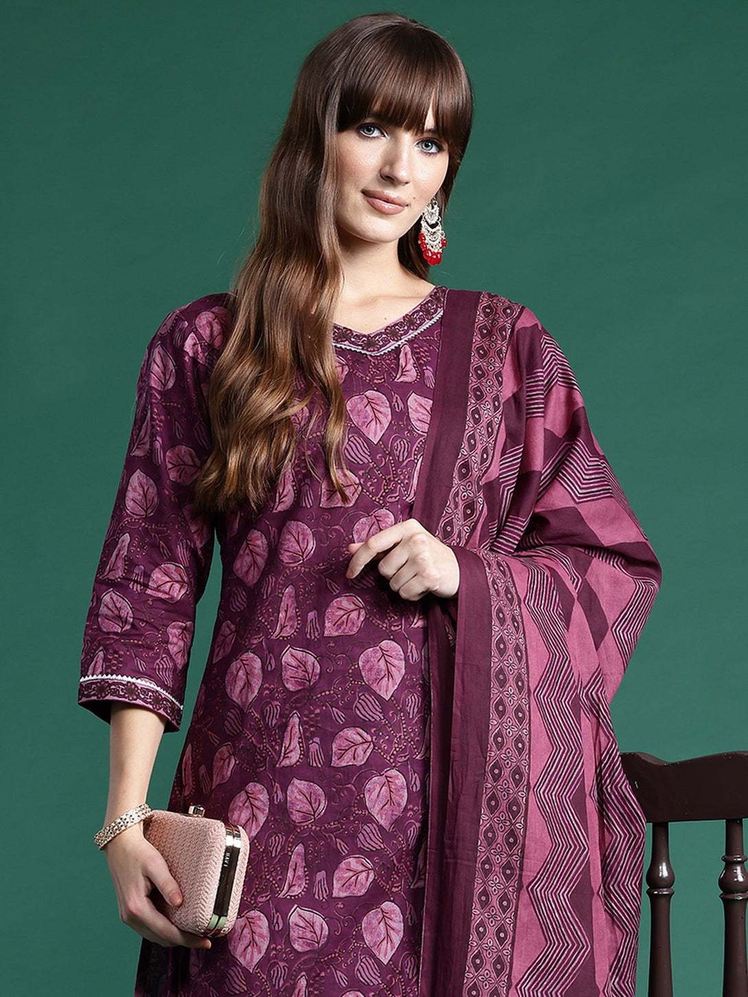 Women's Burgundy Pure Cotton Printed Kurta Palazzos With Dupatta Set - Indo Era