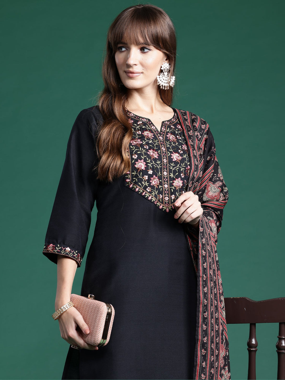 Women's Black Cotton Blend Embroidered Kurta Trousers With Dupatta Set - Indo Era