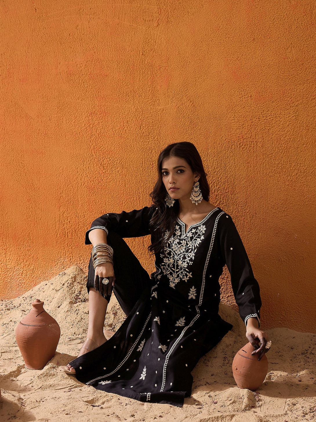 Women's Black Viscose Rayon Embroidered Straight Kurta - Indo Era