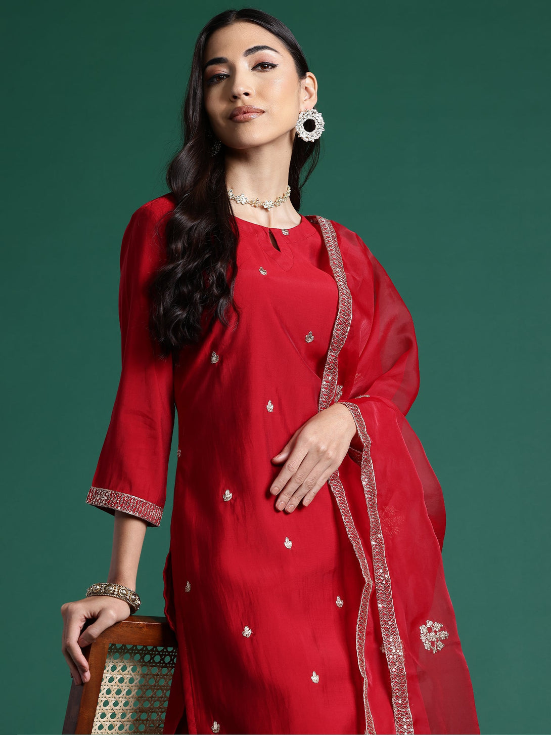 Women's Red Silk Blend Embroidered Kurta Palazzos With Dupatta Set - Indo Era