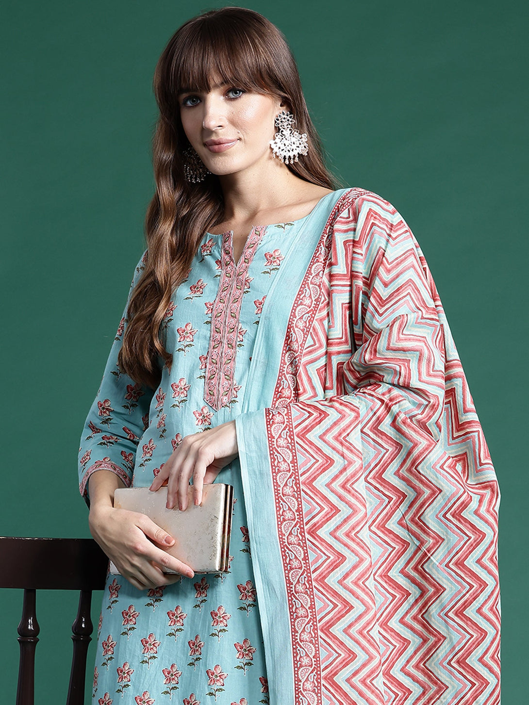 Women's Turquoise Blue Pure Cotton Printed Kurta Trousers With Dupatta Set - Indo Era