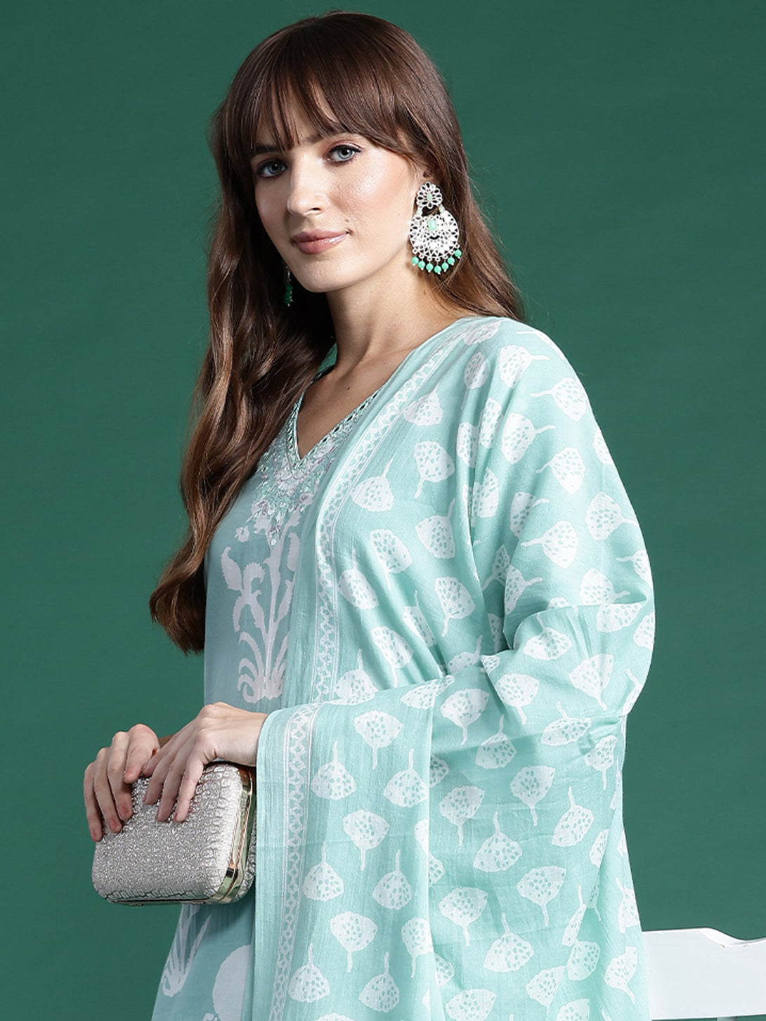 Women's Sea Green Pure Cotton Printed Kurta Trousers With Dupatta Set - Indo Era