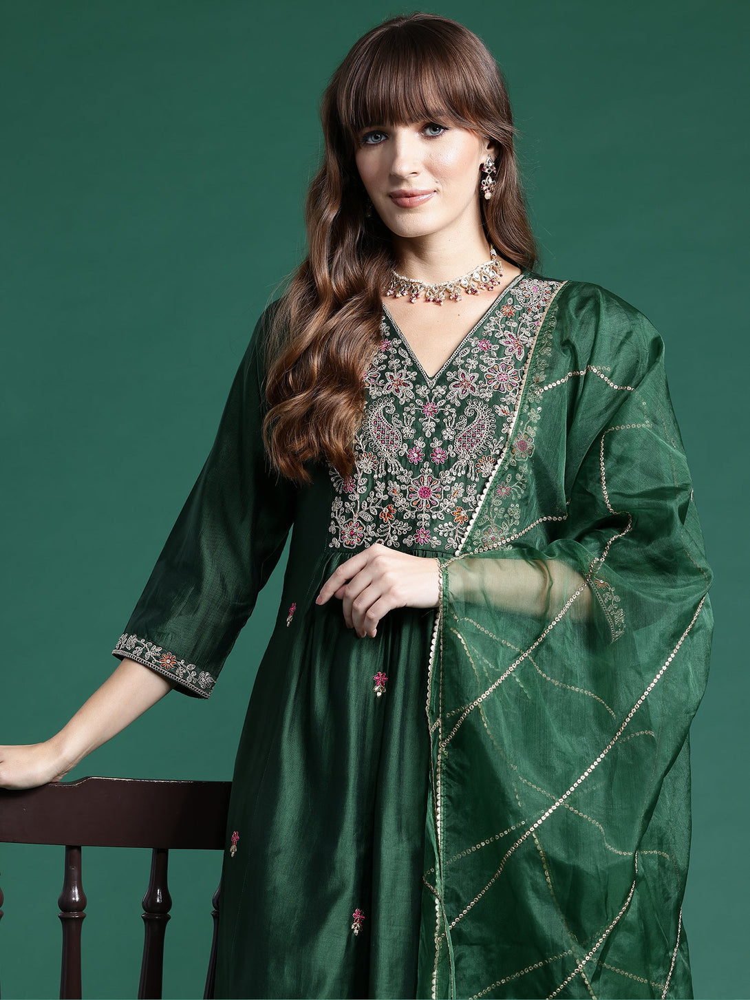 Women's Green Liva Embroidered Kurta Trousers Set - Indo Era