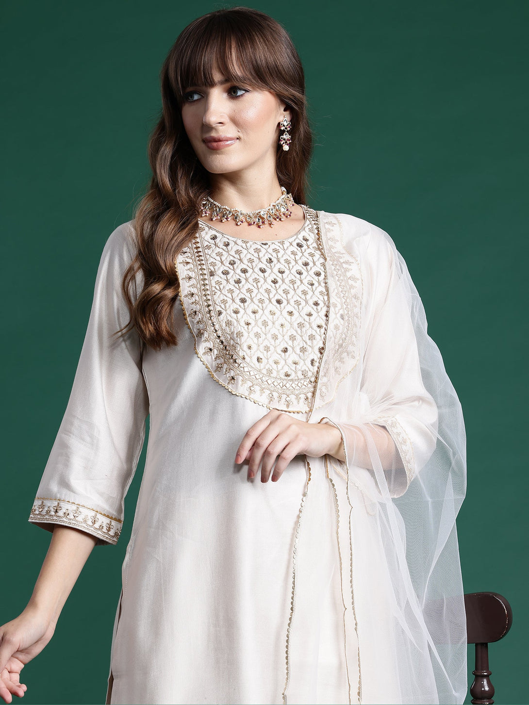 Women's Off White Liva Embroidered Kurta Sharara With Dupatta Set - Indo Era