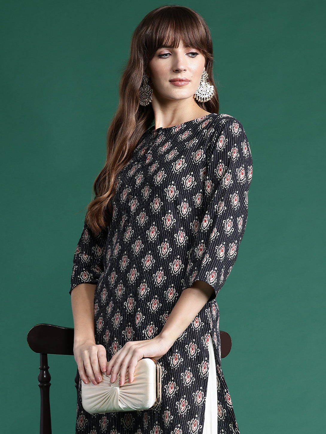 Women's Black Cotton Printed Straight Kurta - Indo Era