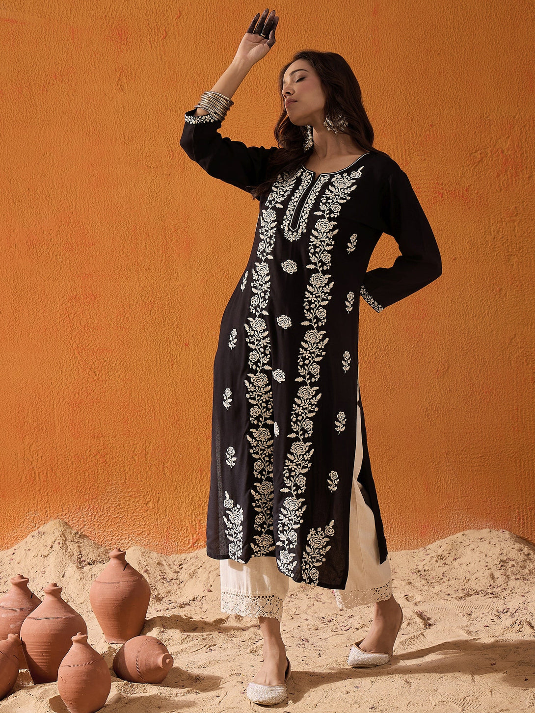 Women's Black Viscose Rayon Embroidered Straight Kurta - Indo Era