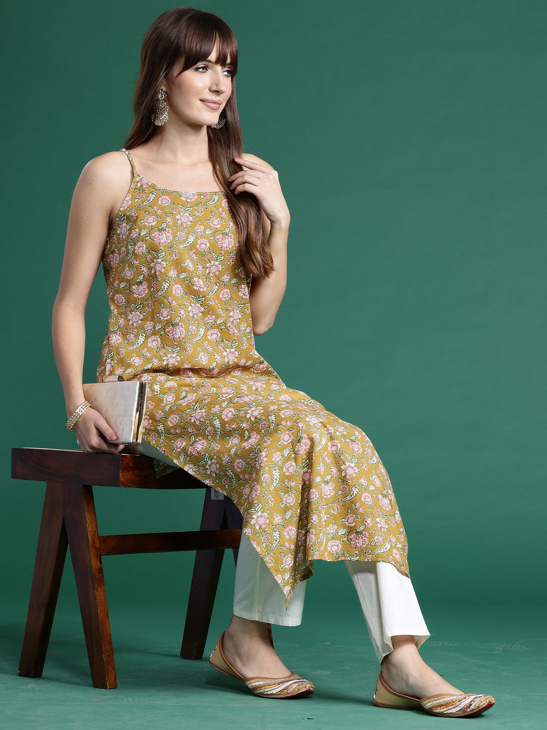 Women's Mustard Cotton Printed Straight Kurta - Indo Era