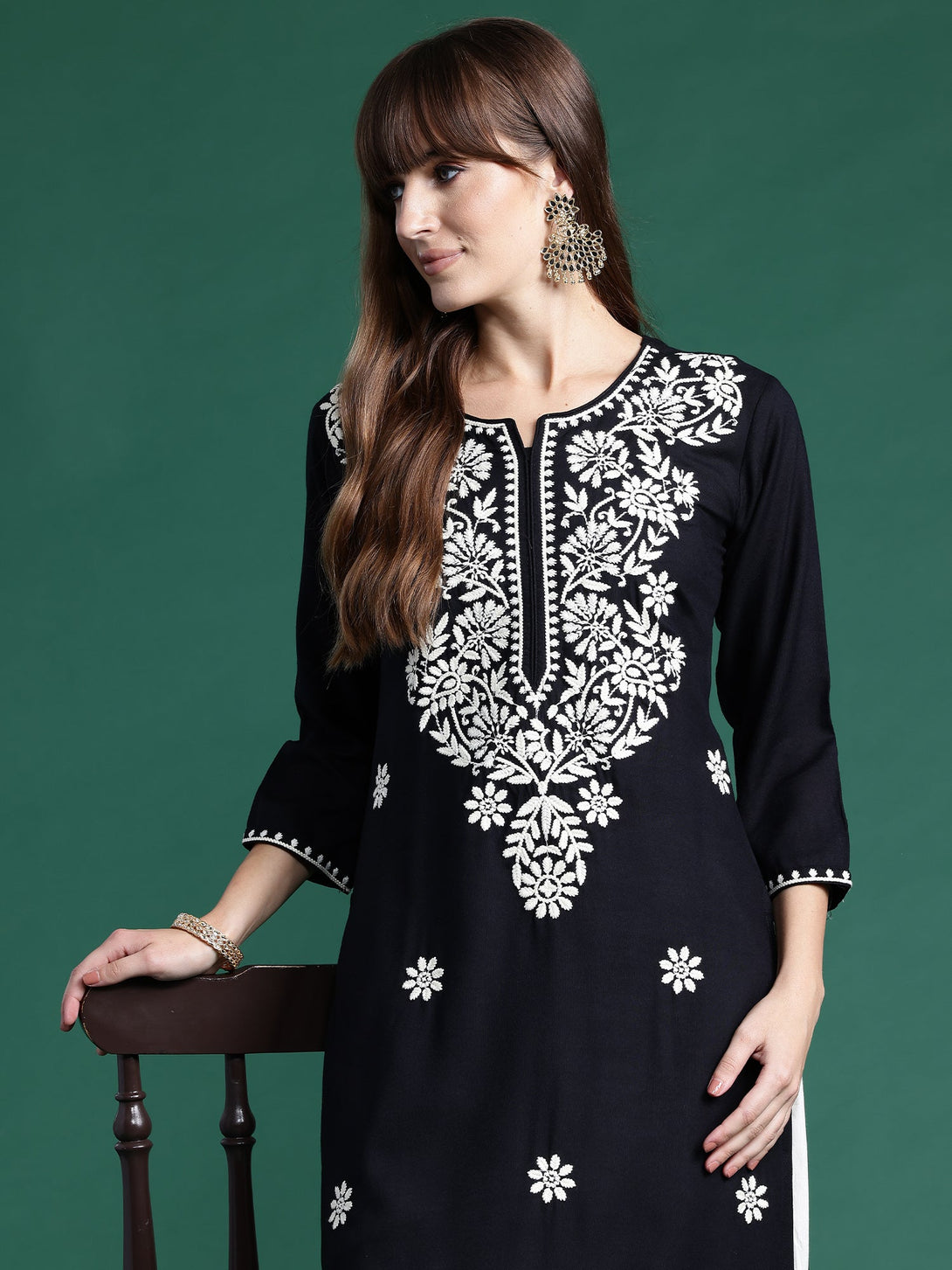 Women's Black Viscose Rayon Embroidered Straight Kurta - Indo Era