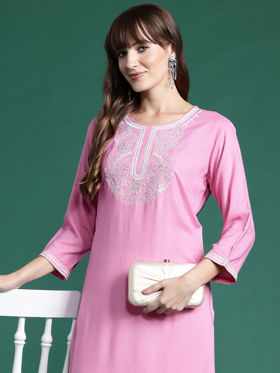 Women's Pink Viscose Rayon Embroidered Straight Kurta - Indo Era