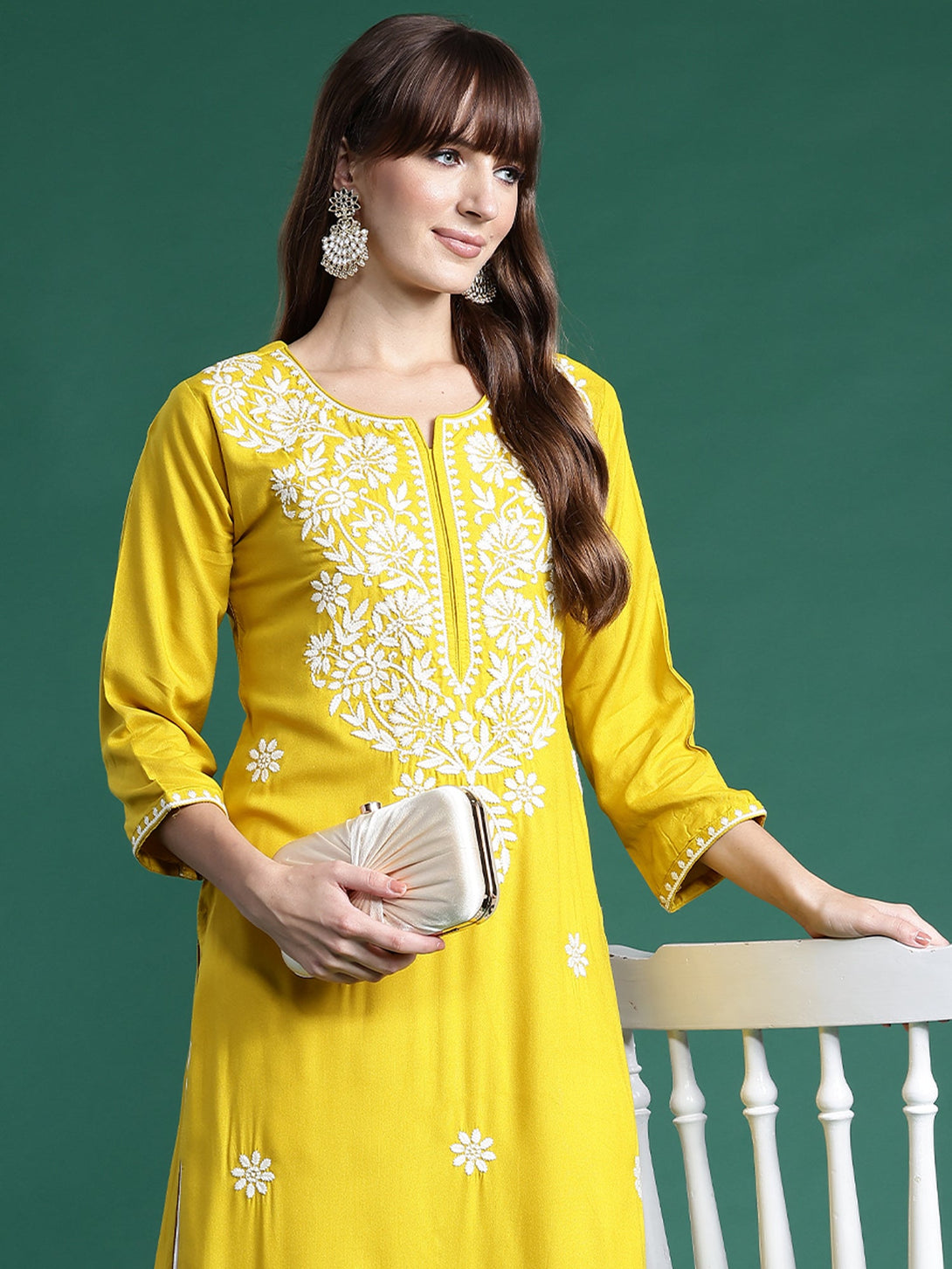 Women's Yellow Viscose Rayon Embroidered Straight Kurta - Indo Era