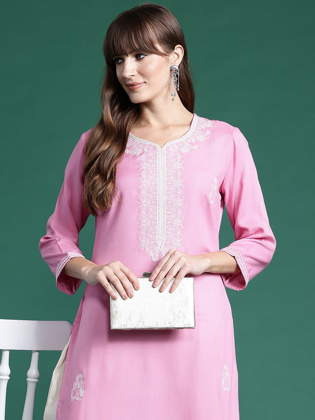 Women's Pink Viscose Rayon Embroidered Straight Kurta - Indo Era