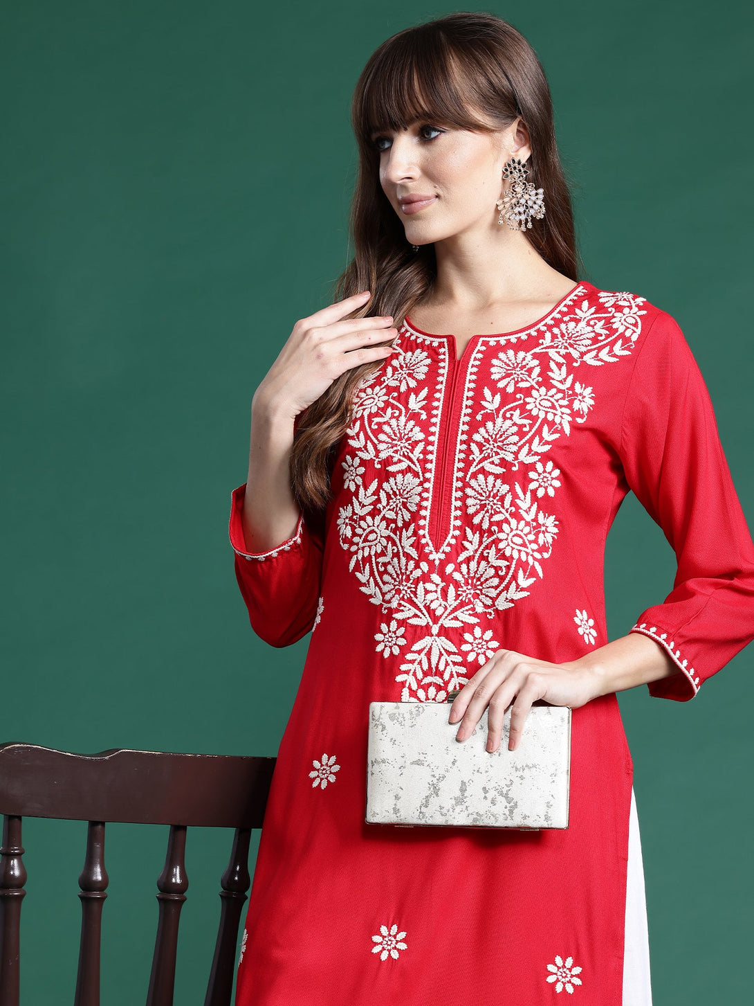 Women's Red Viscose Rayon Embroidered Straight Kurta - Indo Era