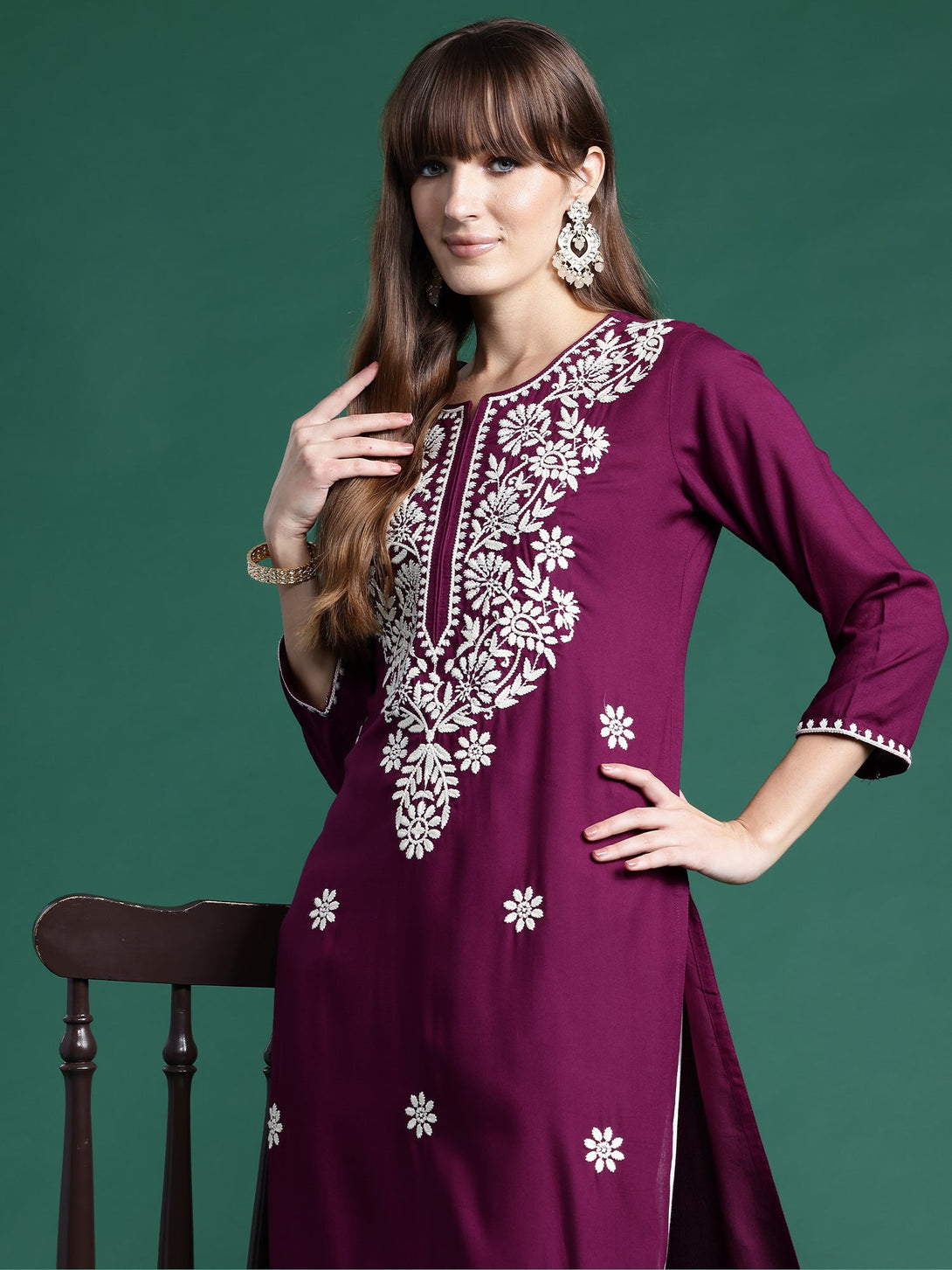 Women's Burgundy Viscose Rayon Embroidered Straight Kurta - Indo Era