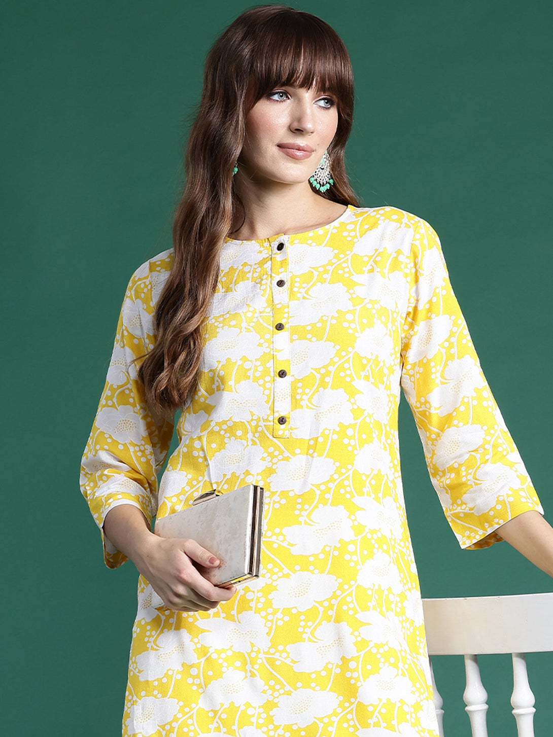 Women's Yellow Viscose Rayon Printed Straight Kurta - Indo Era