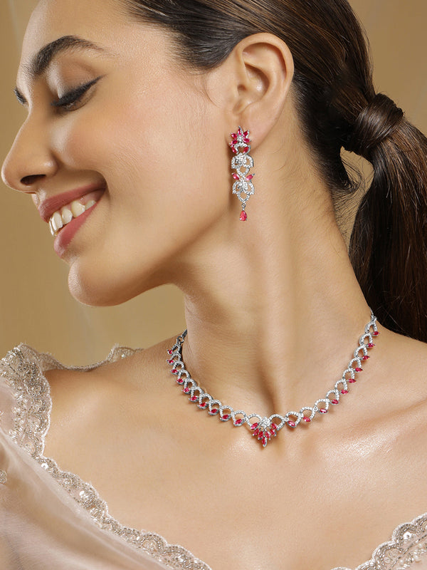 Rhodium Plated Ruby & Cubic Zirconia Studded Floral Link Jewellery Set