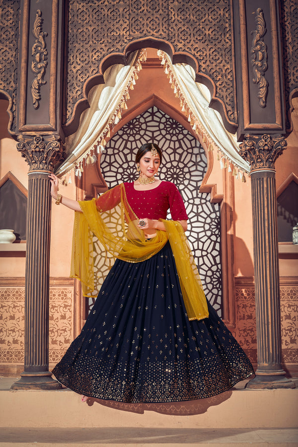 Women's Navy Blue Georgette Thread With Sequince Embroidered Lehenga Set - Shubhkala