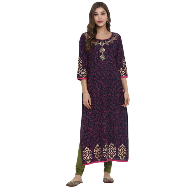 Women's Purple Cotton Printed Straight Kurti With Block Print (1 Pc) - Noz2Toz