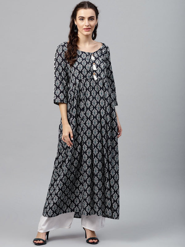 Women's Round Neck Black & White Printed Maxi Dress With 3/4 Sleeves And Emblished With Tassels - Nayo Clothing