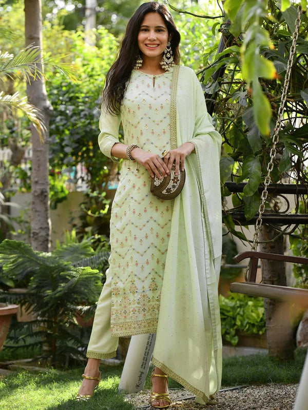 Green Woven Design Silk Straight Kurta With Dupatta - Jashvi