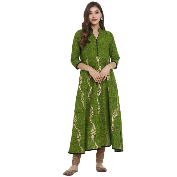 Women's Green Cotton Printed Anarkali Kurti With Block Print - Wahe-Noor