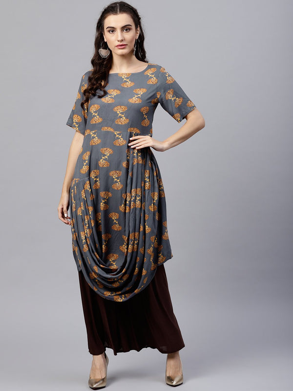 Women's Blue Printed A-Line Kurta With Round Neck And Half Sleeves - Nayo Clothing