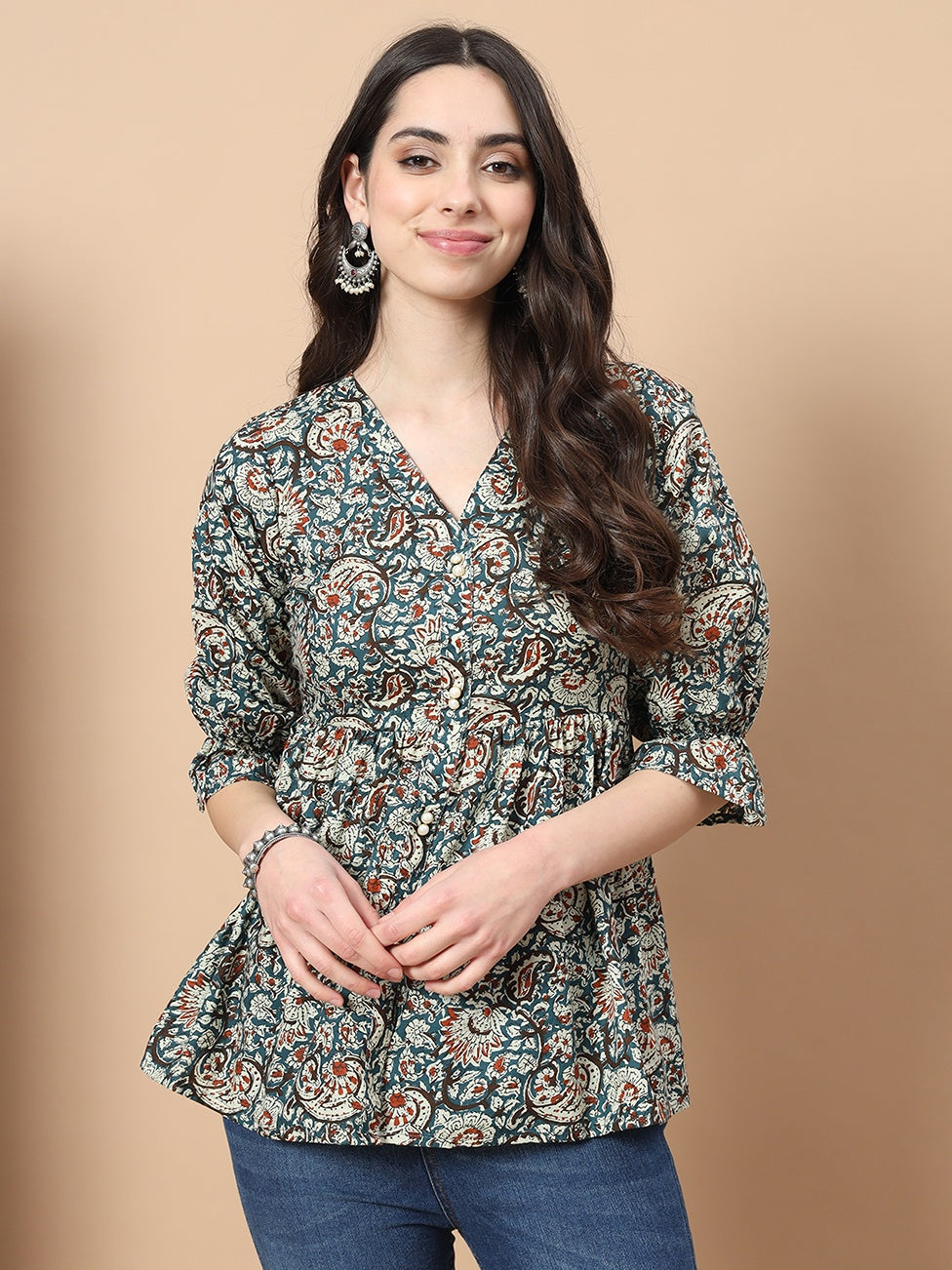 Women's Blue Cotton Kalamkari Peplum Top - Yufta