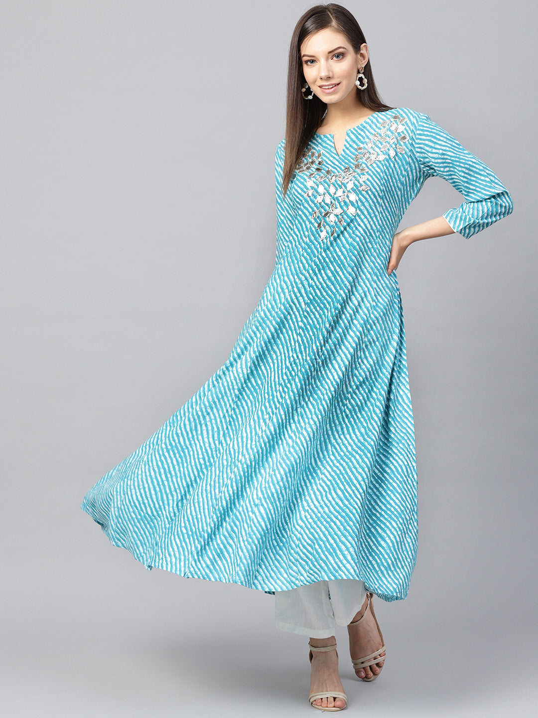 Women's Blue & White Printed Anarkali Kurta - Yufta