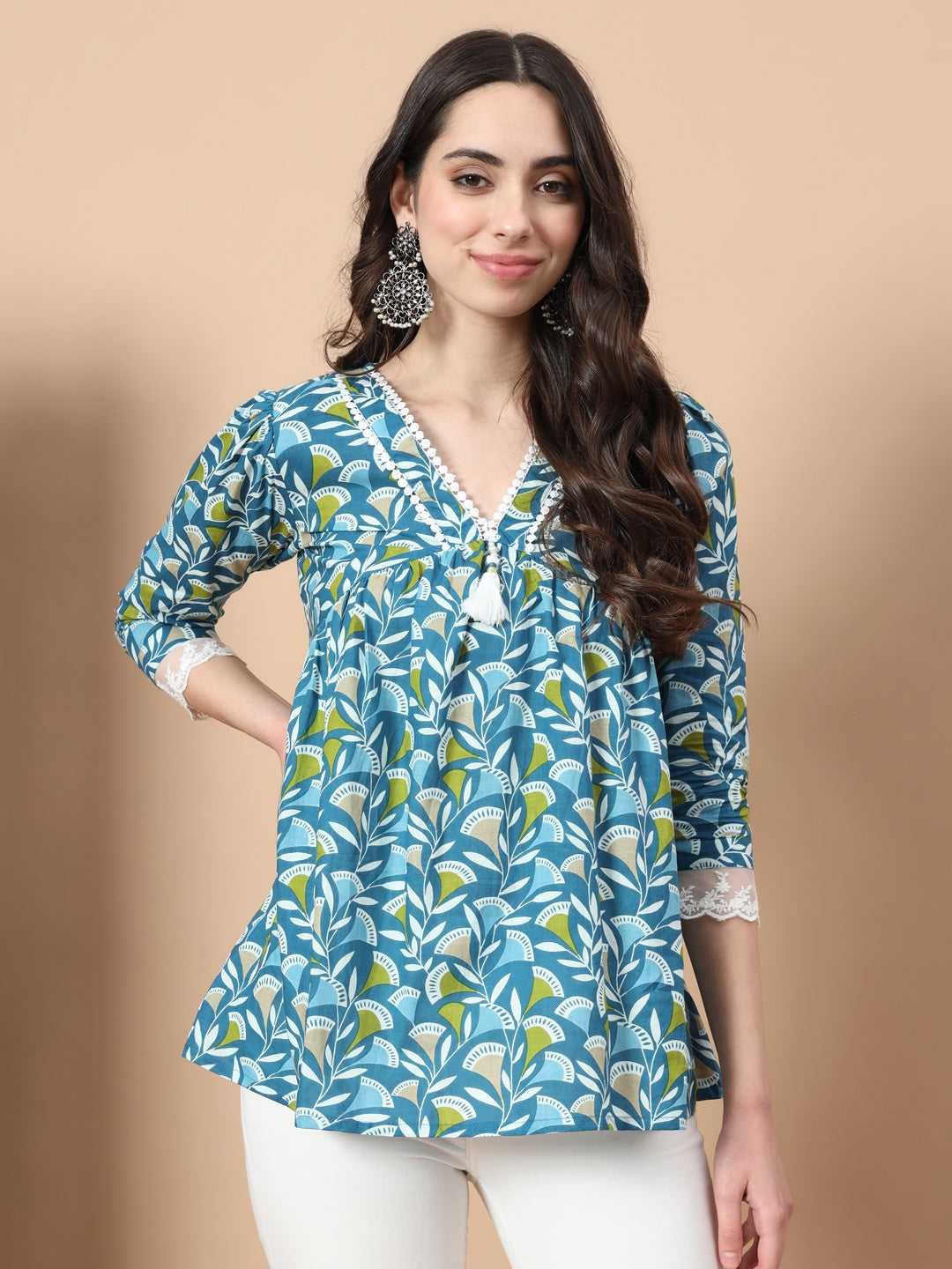 Women's Blue Cotton Floral Printed Top With Lace Details - Yufta