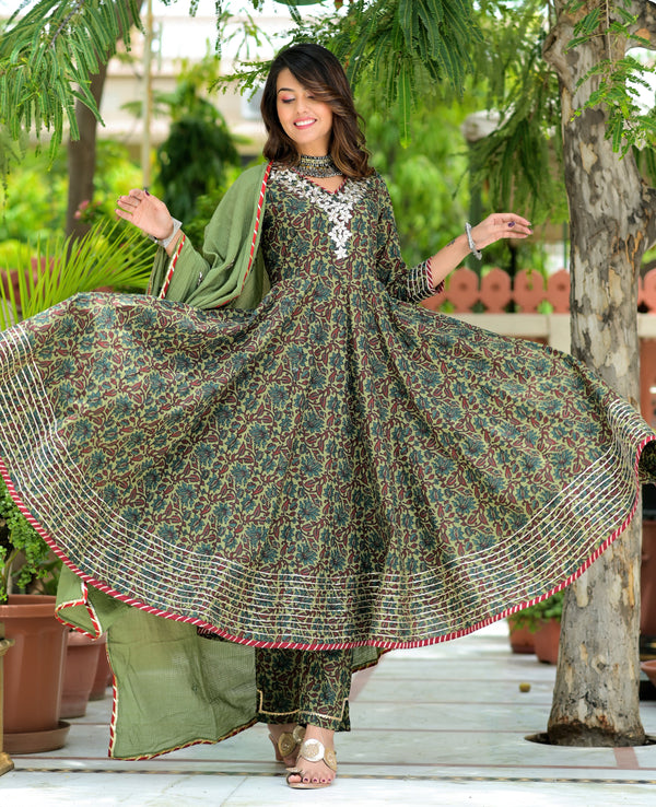 Women's Sage Green Gota Patti Anarkali Suit Set - Hatheli