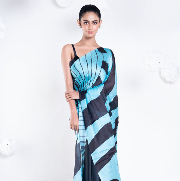 Women's Simone Satin Georgette Digital Printed Saree In Blue Color - Boveee