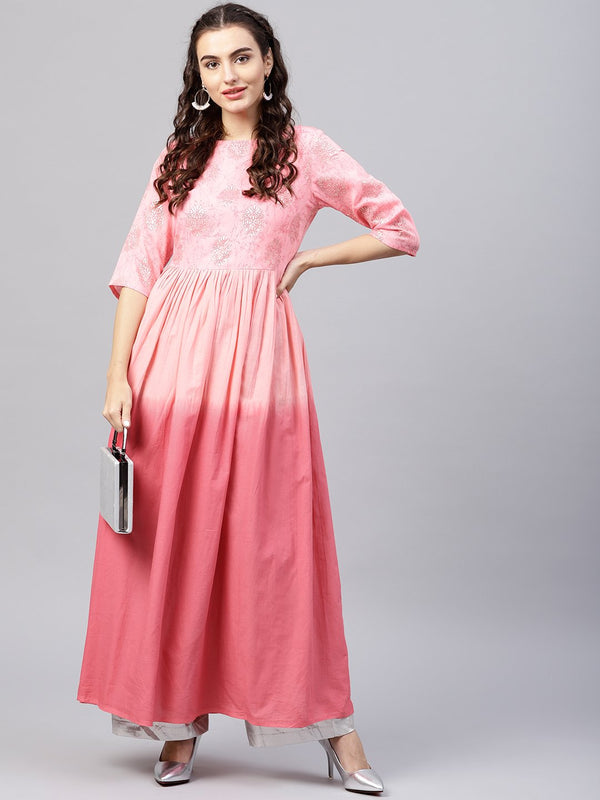 Women's Pink Ombre Maxi Kurta With Round Neck  And 3/4 Sleeves - Nayo Clothing