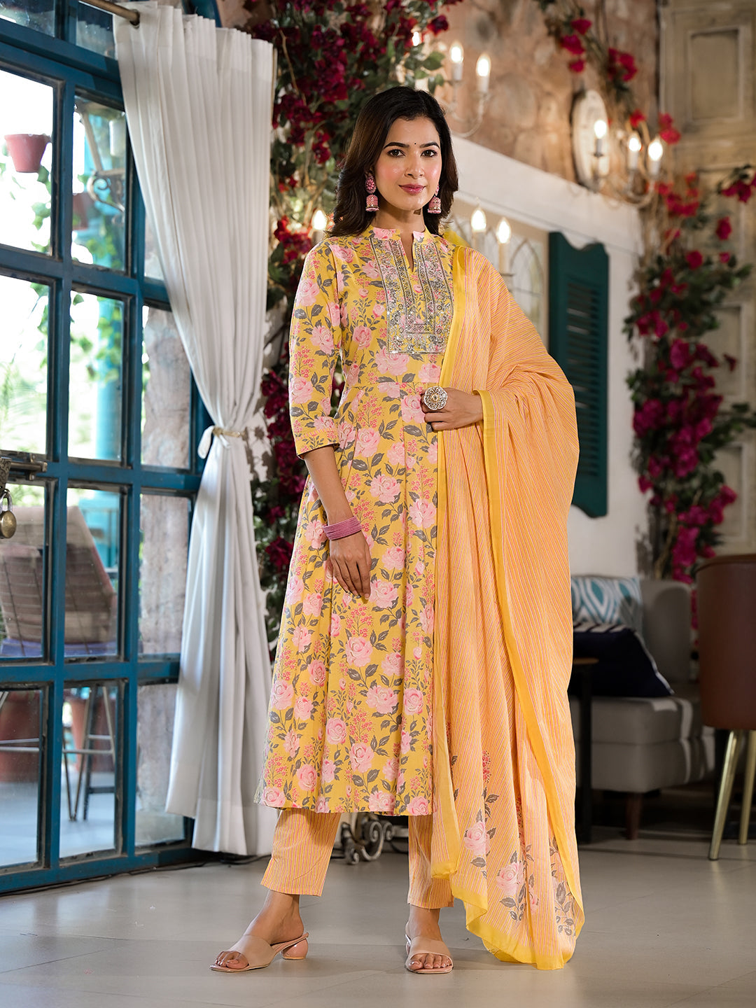 Women's Yellow Floral,Sequins_Work Kurta Trouser With Dupatta Set - Yufta