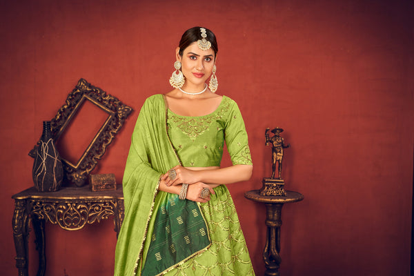 Women's Floracance Green Art Silk Thread With Sequince Embroidered Lehenga Set - Shubhkala