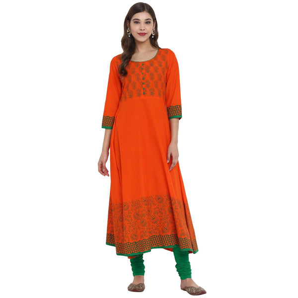 Women's Orange & Green Cotton Printed Anarkali Kurti With Block Print - Wahe-Noor