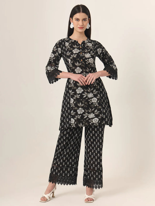 Black Pure Cotton Co-Ord Set-Indiakreations-JS1775CRDBKS