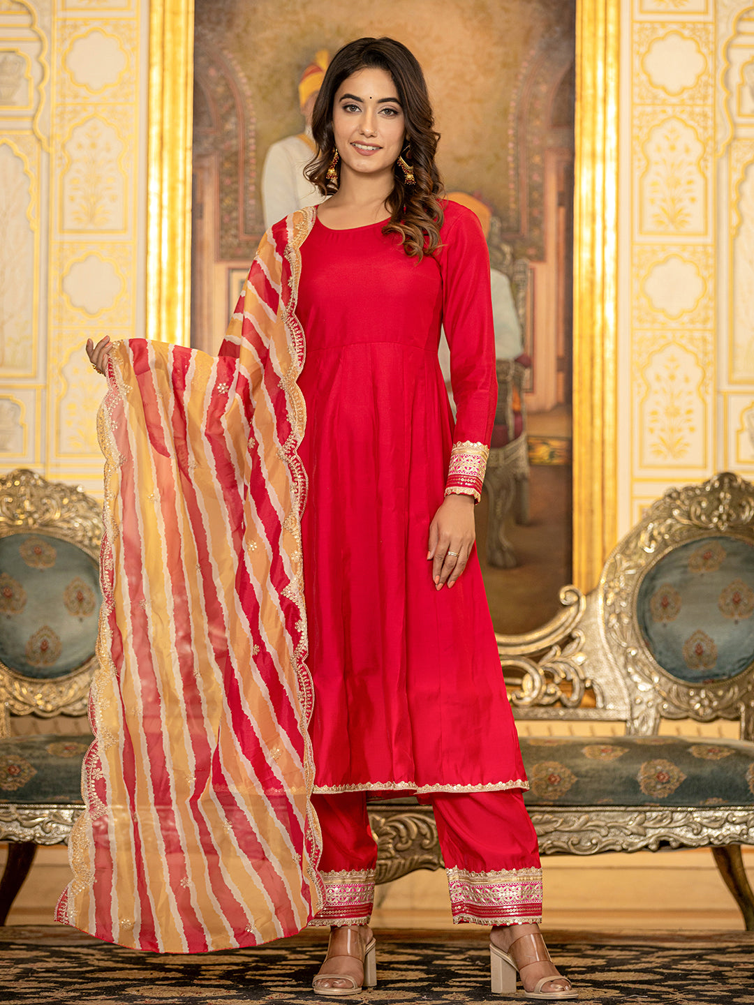 Women's Hot Pink Solid Anarkali Kurta Trouser And Dupatta Set - Yufta