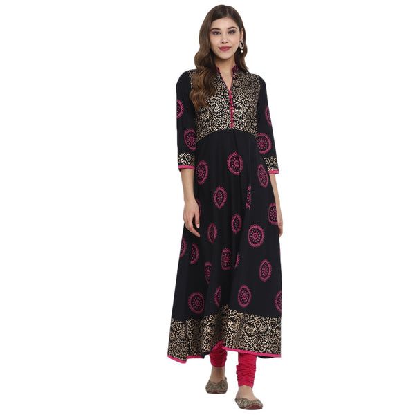 Women's Black Cotton Printed Anarkali Kurti With Block Print (1 Pc) - Noz2Toz