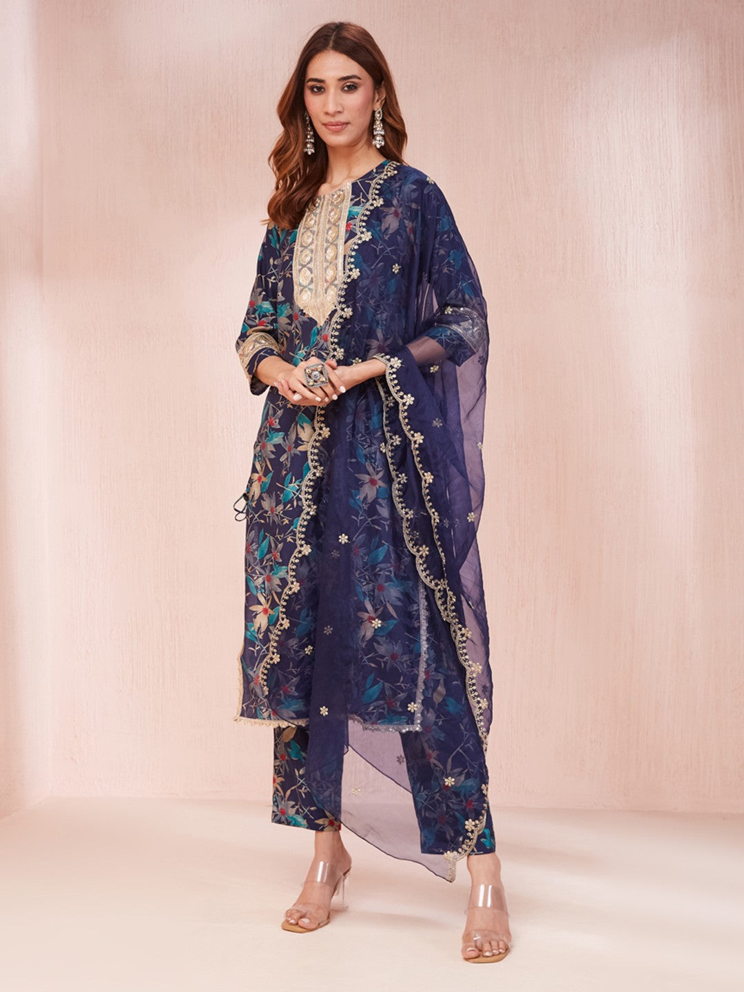 Women's Blue Floral Print Sequins_Work Straight Kurta Trouser And Dupatta Set - Yufta